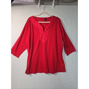 Lauren Ralph Lauren Women's Red 3/4 Sleeve V-Neck Top Size 2X Linen Look Trim